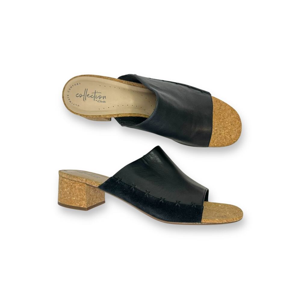 Clarks Women's Elisa Abby Slide Sandal Black Leather Cork Block Heel Size 10